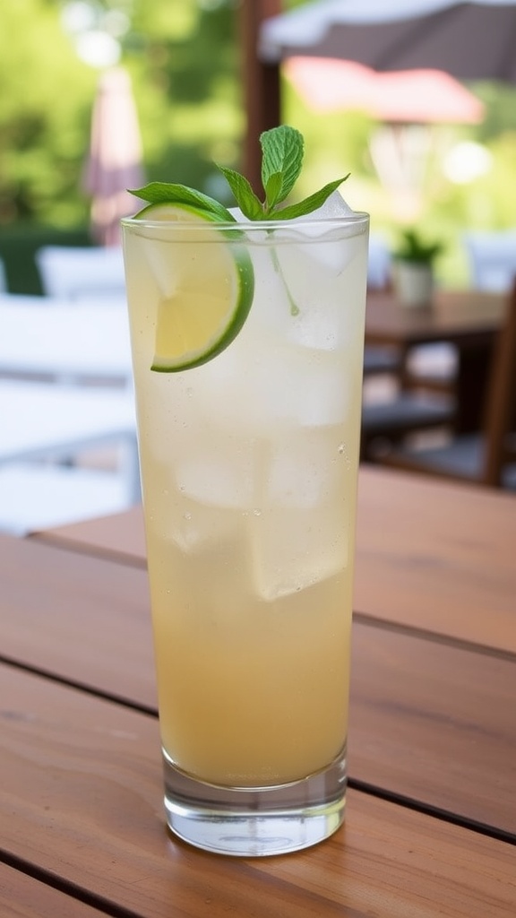 A tall glass of bourbon ginger ale cocktail with ice, garnished with lime and mint.